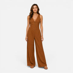 Button Detail Wide Leg Jumpsuit – Brown