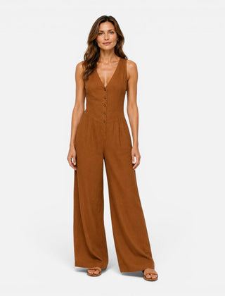 Button Detail Wide Leg Jumpsuit – Brown