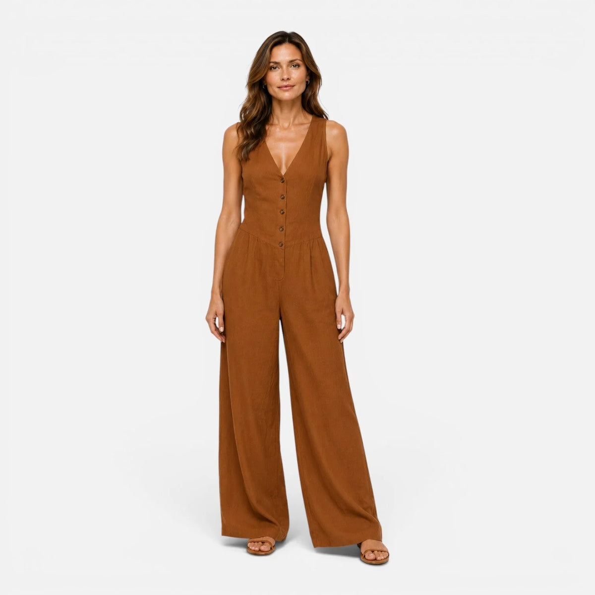 Button Detail Wide Leg Jumpsuit – Brown