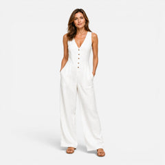 Button Detail Wide Leg Jumpsuit – White