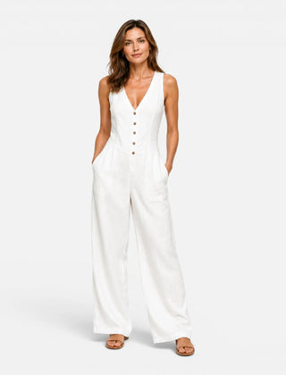 Button Detail Wide Leg Jumpsuit – White