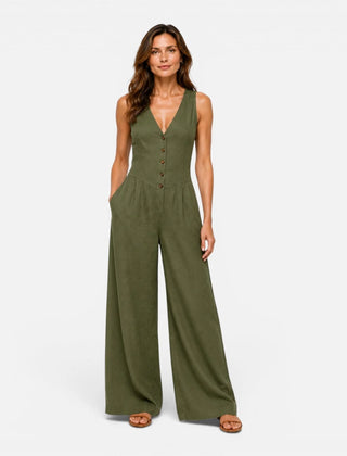 Button Detail Wide Leg Jumpsuit – Green
