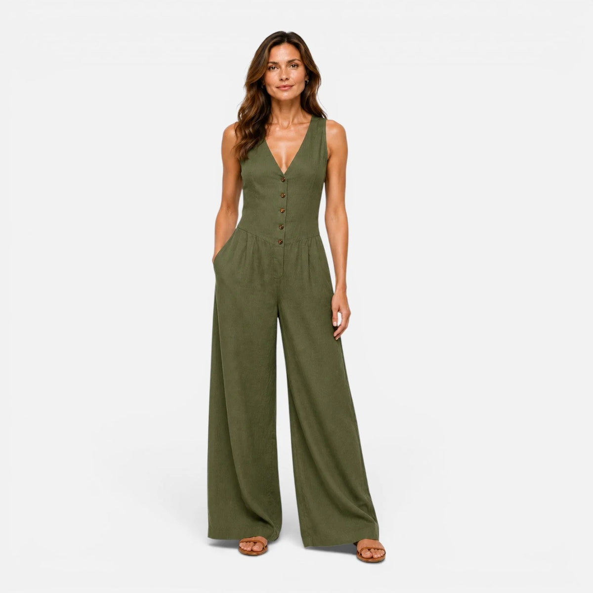 Button Detail Wide Leg Jumpsuit – Green