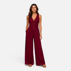 Button Detail Wide Leg Jumpsuit – Red