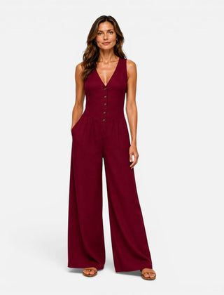 Button Detail Wide Leg Jumpsuit – Red