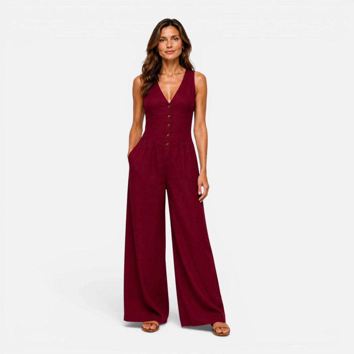 Button Detail Wide Leg Jumpsuit – Red