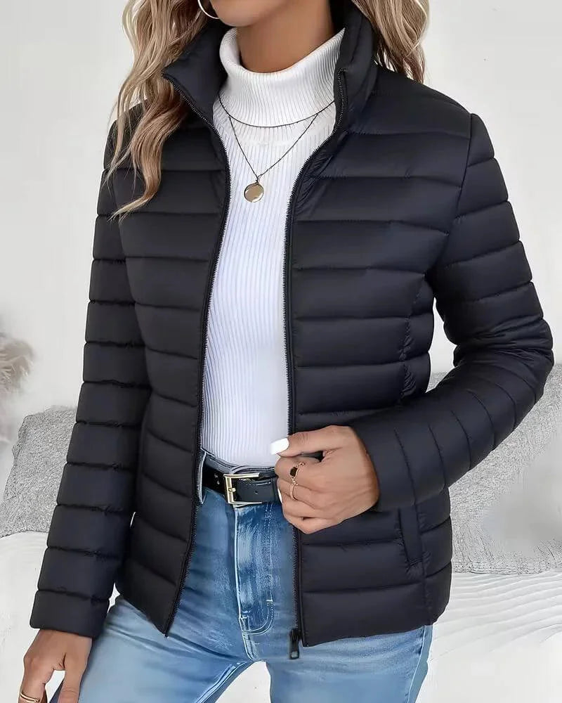 High Neck Quilted Puffer Jacket – Black