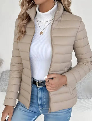 High Neck Quilted Puffer Jacket – Beige