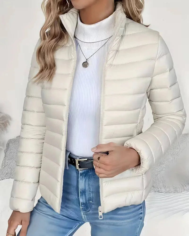 High Neck Quilted Puffer Jacket – Cream