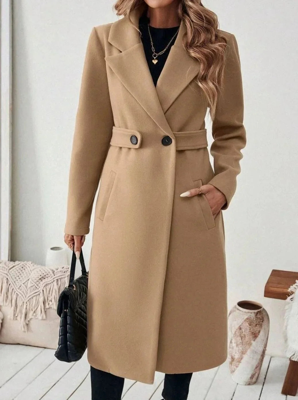 Long Belted Wide Collar Coat – Camel