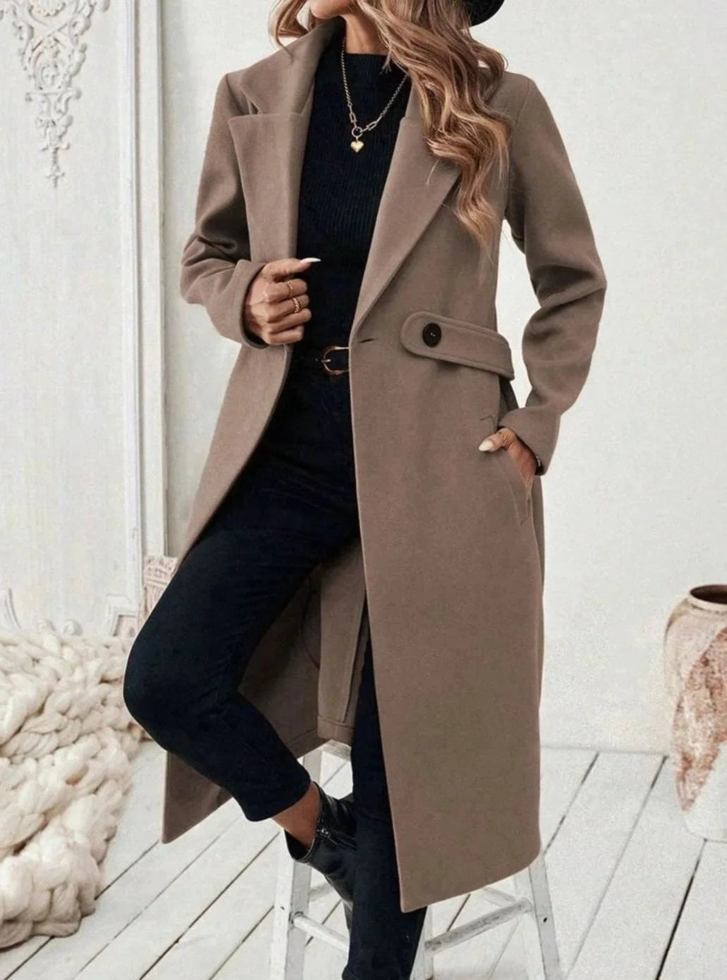 Long Belted Wide Collar Coat