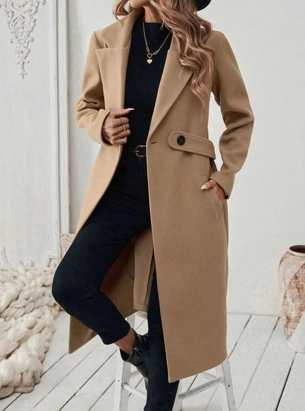 Long Belted Wide Collar Coat