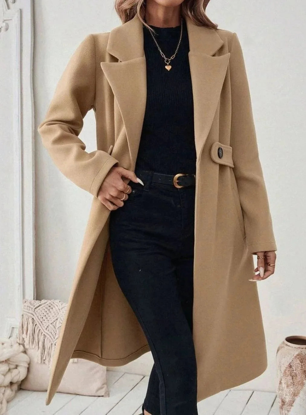 Long Belted Wide Collar Coat