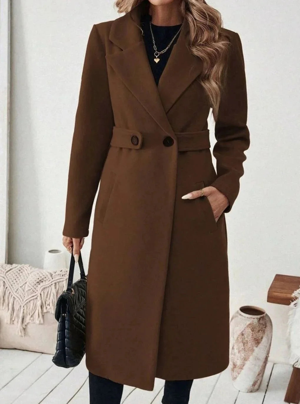 Long Belted Wide Collar Coat – Brown