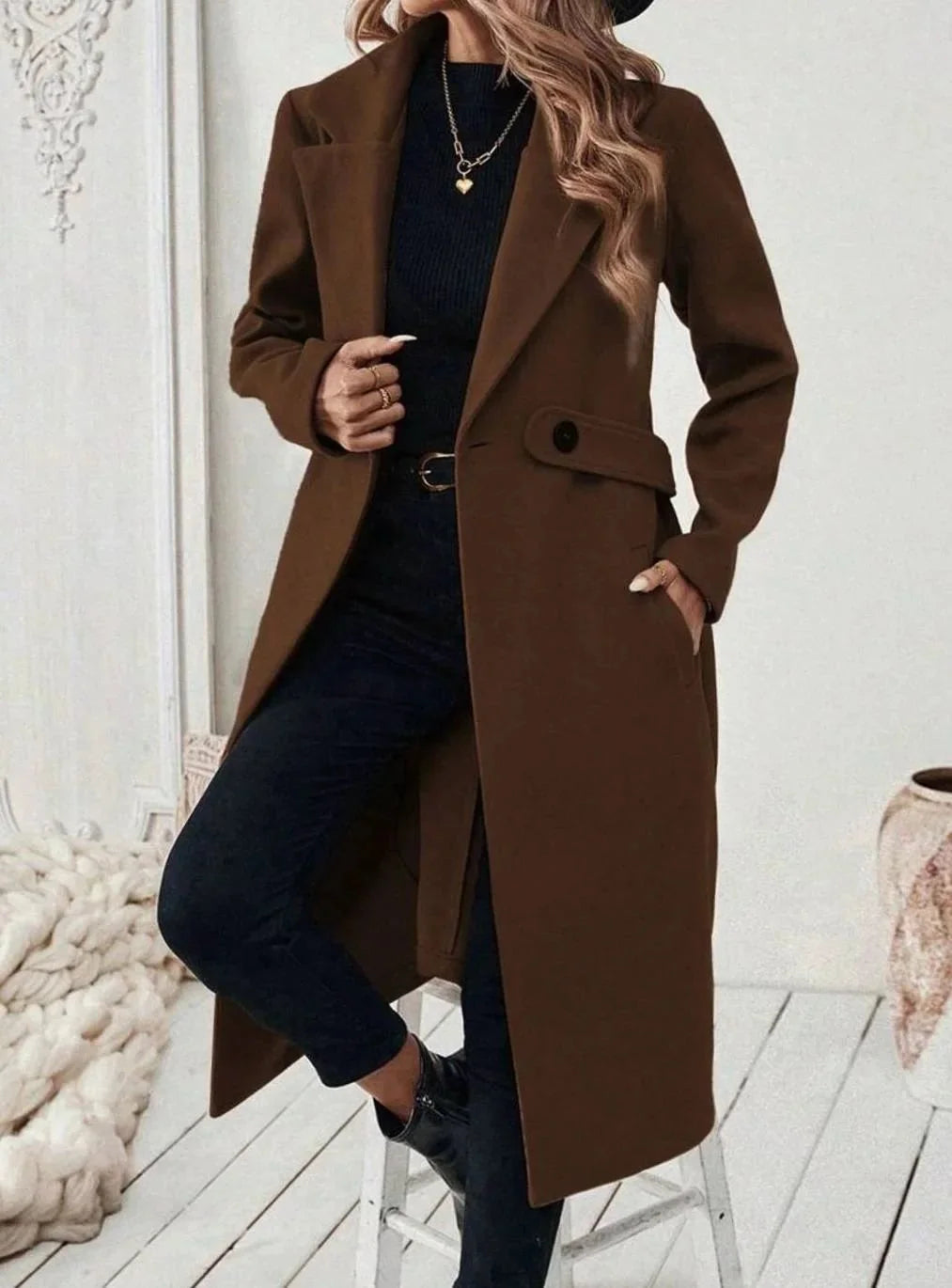 Long Belted Wide Collar Coat