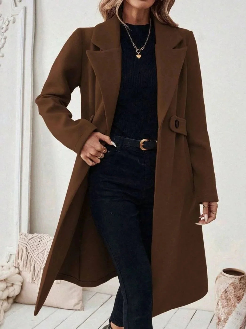 Long Belted Wide Collar Coat
