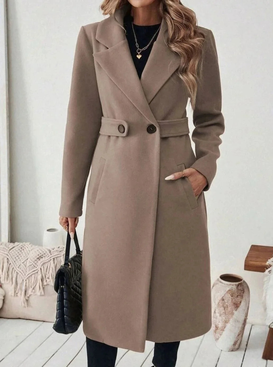 Long Belted Wide Collar Coat – Taupe