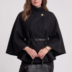 Belted Funnel-Neck Cape Coat – Black