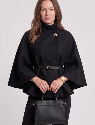 Belted Funnel-Neck Cape Coat – Black