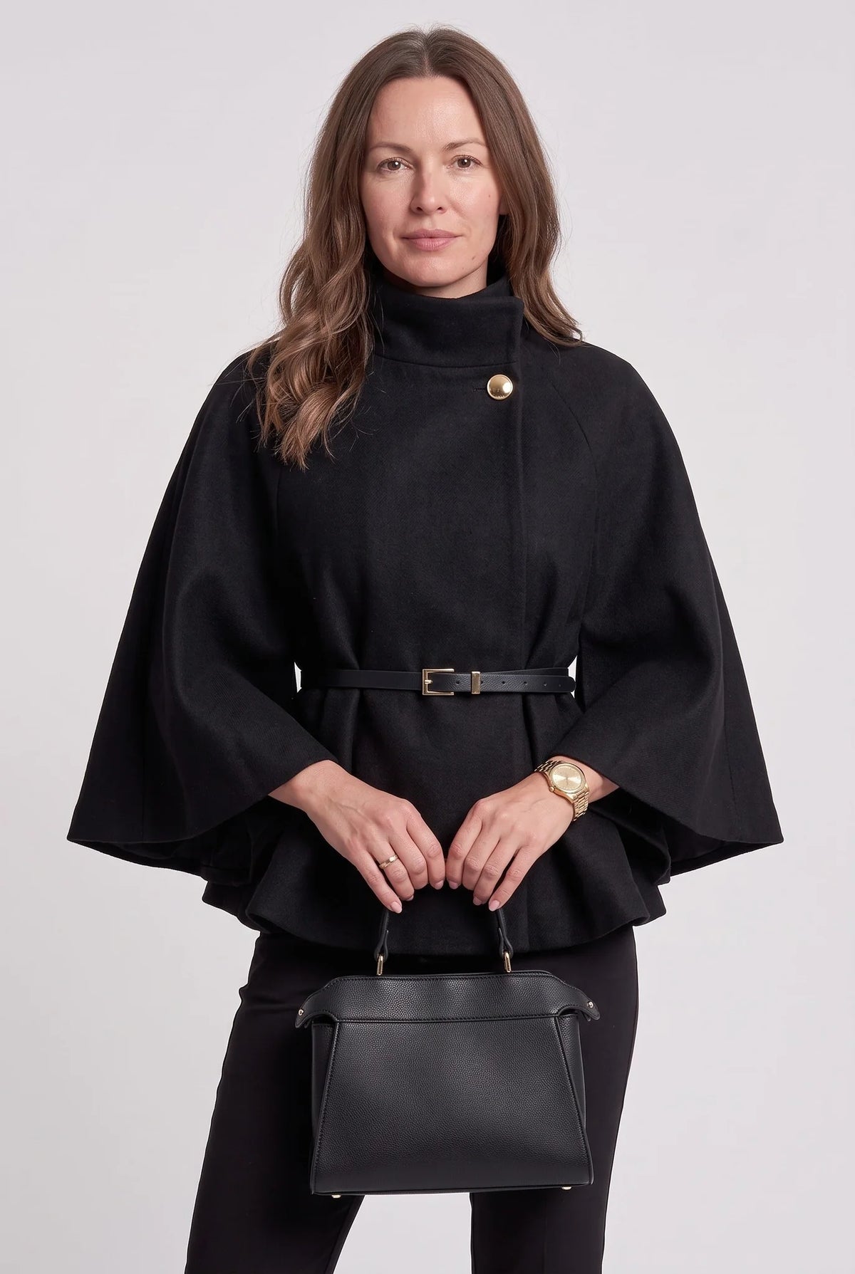 Belted Funnel-Neck Cape Coat – Black
