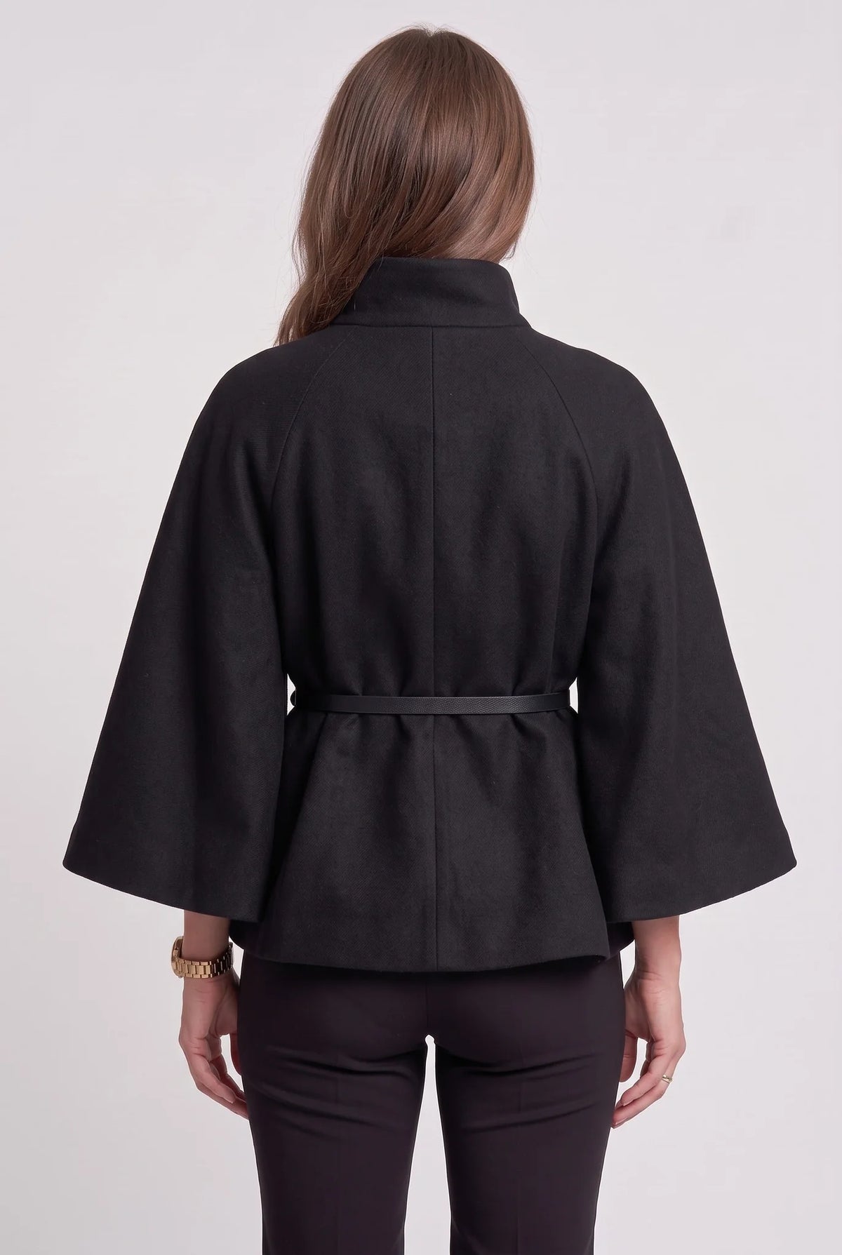 Belted Funnel-Neck Cape Coat