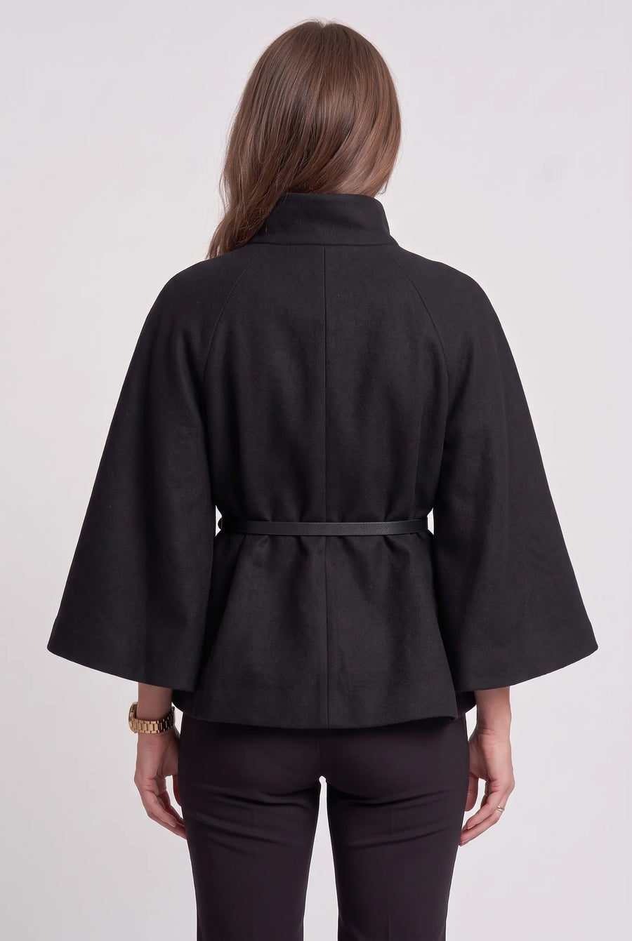 Belted Funnel-Neck Cape Coat