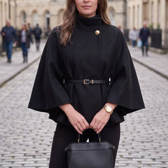 Belted Funnel-Neck Cape Coat