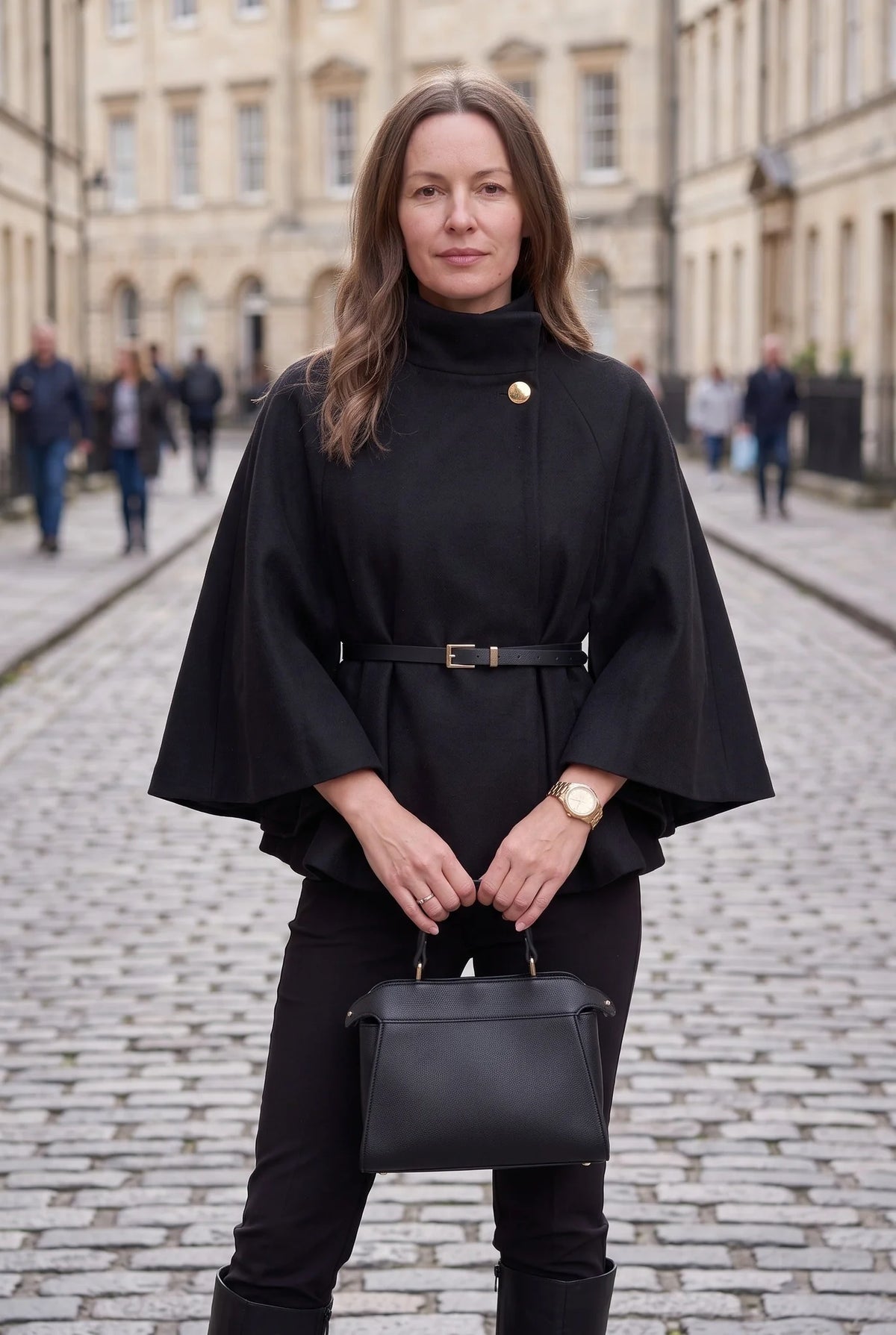 Belted Funnel-Neck Cape Coat