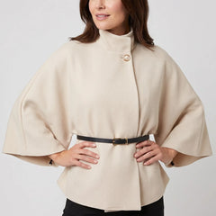 Belted Funnel-Neck Cape Coat – Cream