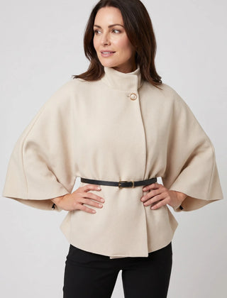 Belted Funnel-Neck Cape Coat – Cream