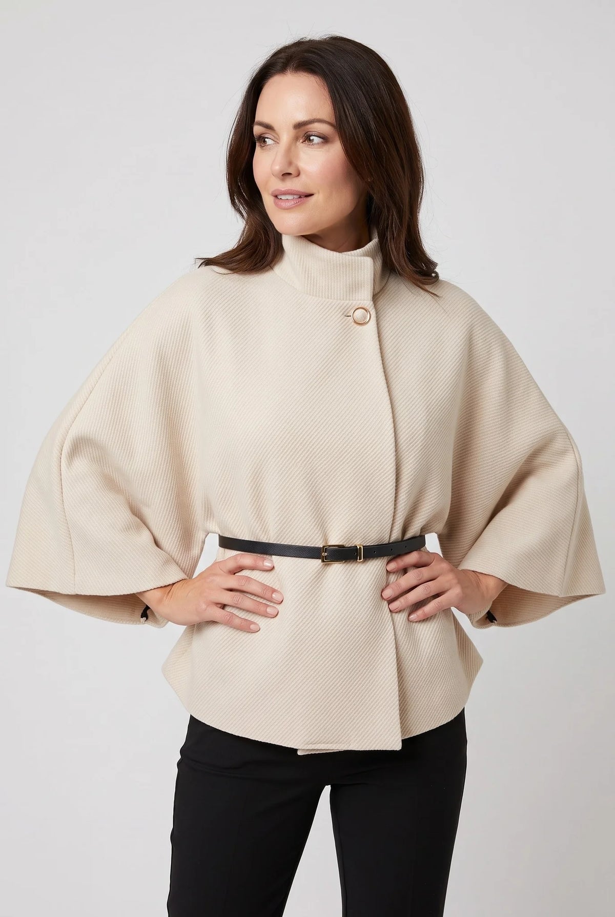 Belted Funnel-Neck Cape Coat – Cream