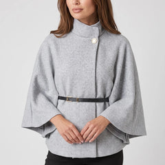 Belted Funnel-Neck Cape Coat – Grey