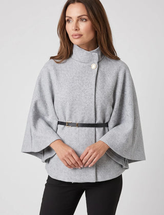 Belted Funnel-Neck Cape Coat – Grey