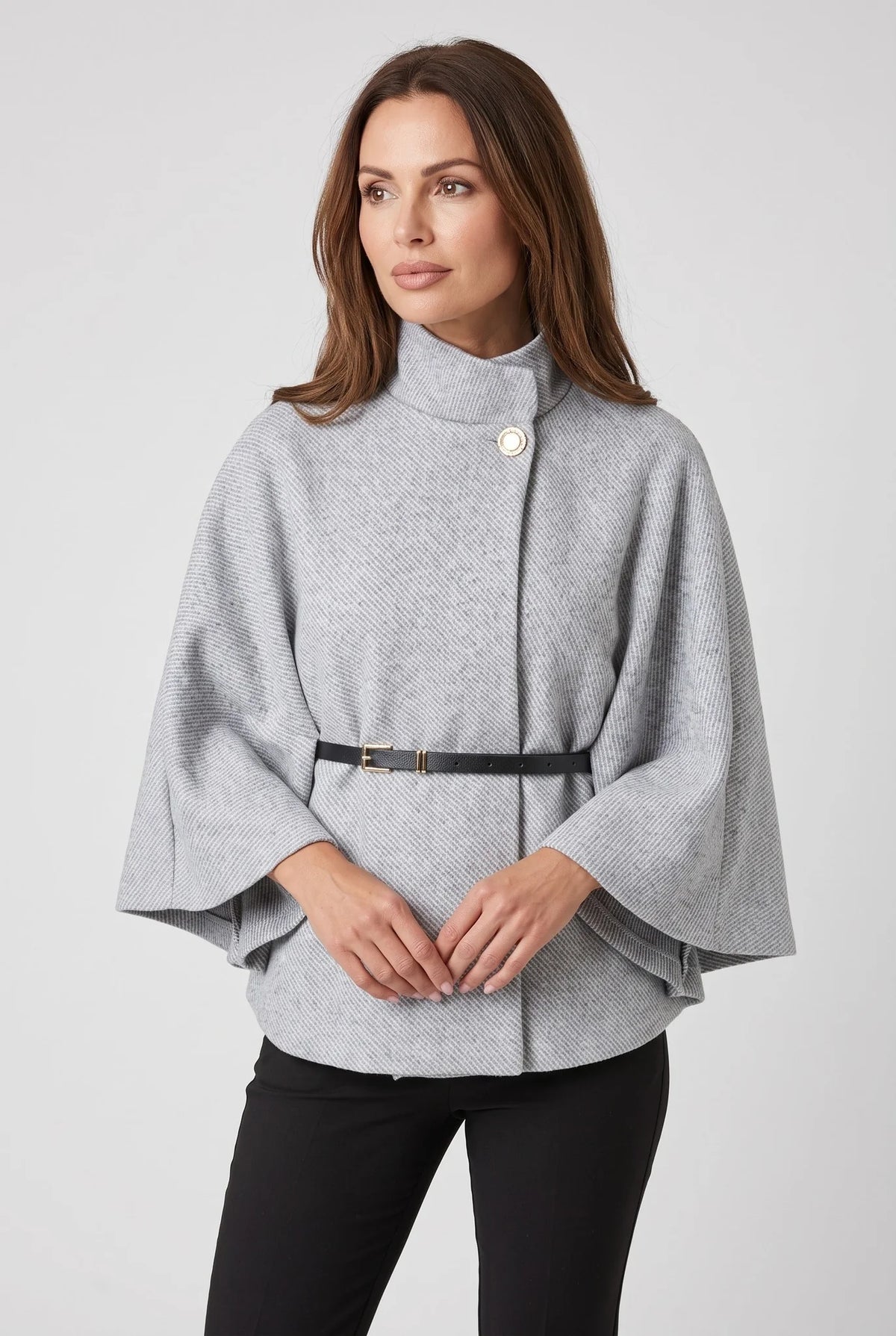 Belted Funnel-Neck Cape Coat – Grey