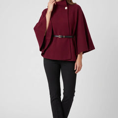 Belted Funnel-Neck Cape Coat – Wine Red