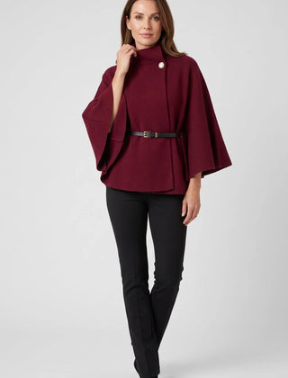 Belted Funnel-Neck Cape Coat – Wine Red