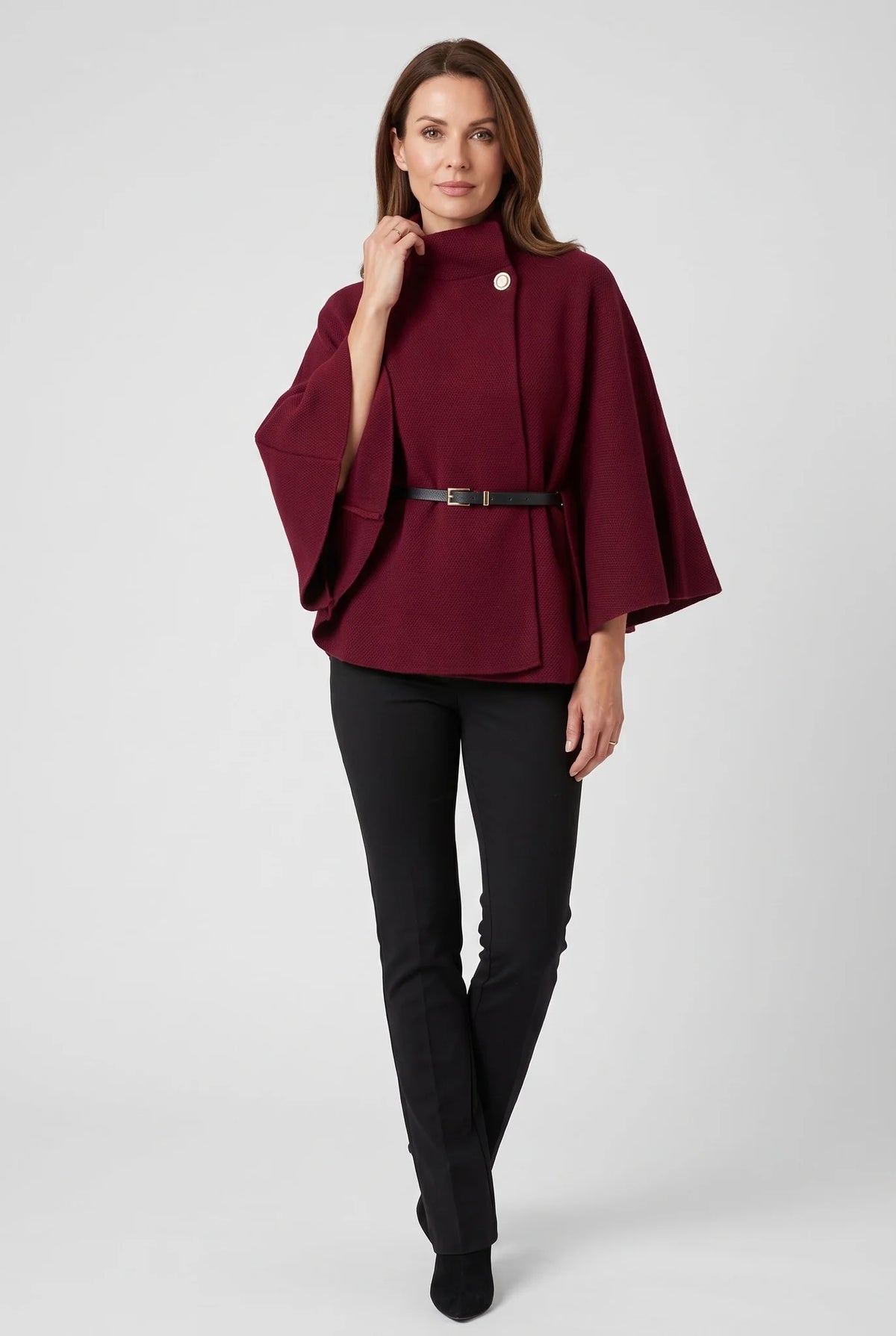 Belted Funnel-Neck Cape Coat – Wine Red