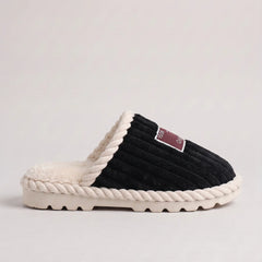 Corduroy Faux Fur Slippers – Black
