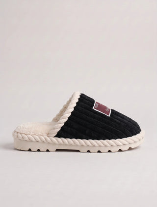 Corduroy Faux Fur Slippers – Black