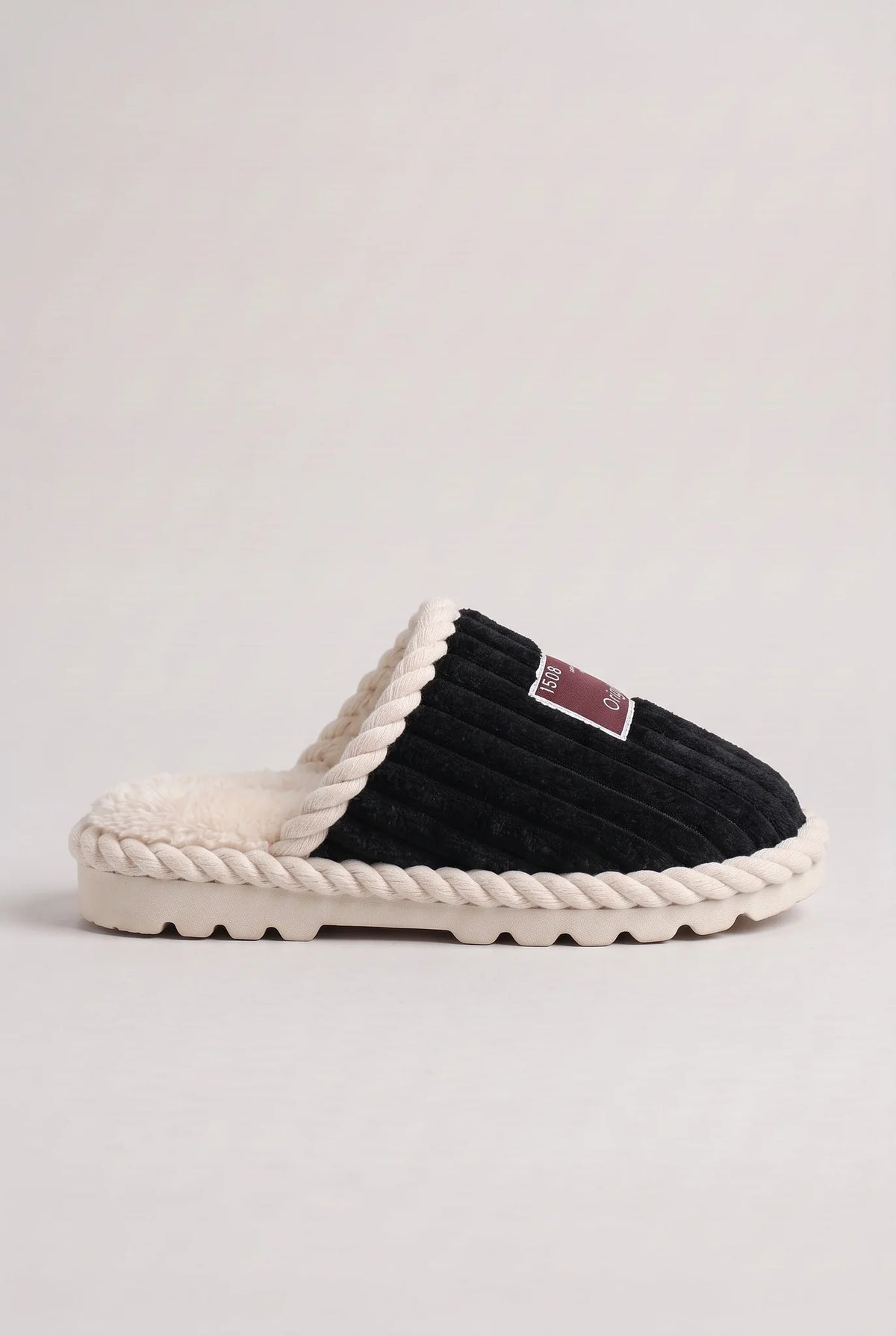 Corduroy Faux Fur Slippers – Black