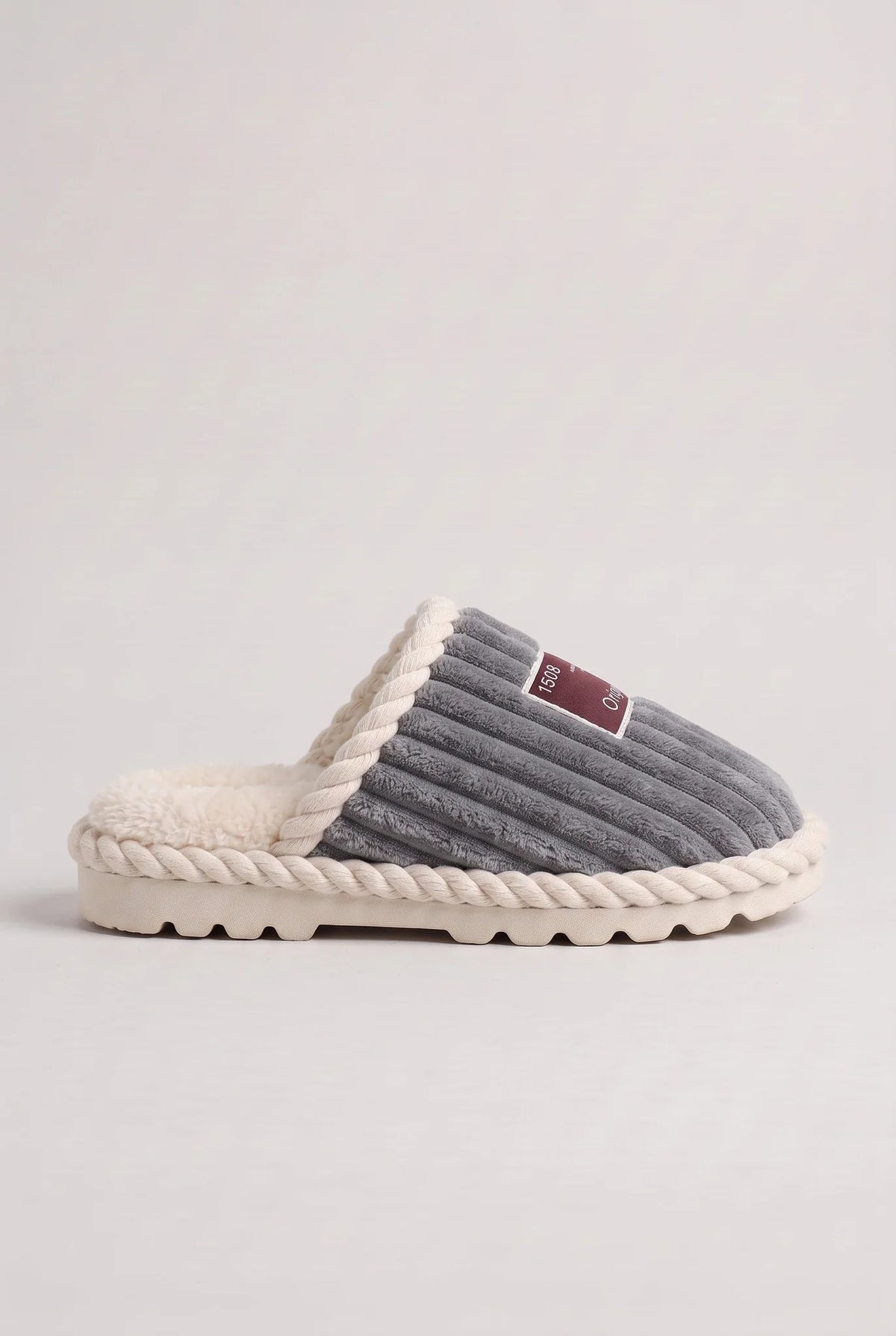 Corduroy Faux Fur Slippers – Grey