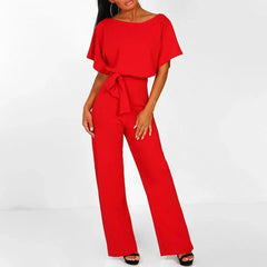 Wide-Leg Belted Jumpsuit – Red