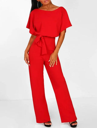 Wide-Leg Belted Jumpsuit – Red