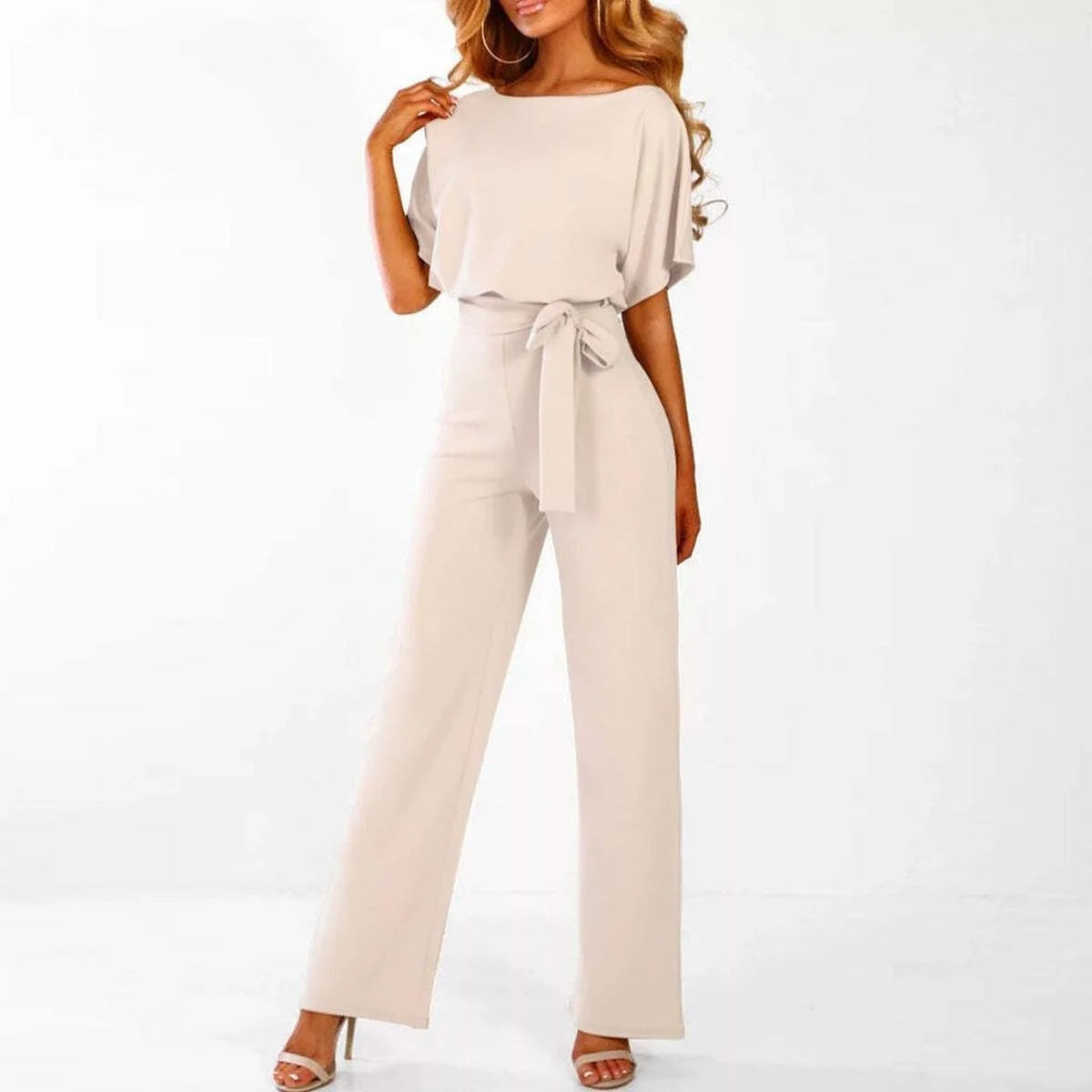 Wide-Leg Belted Jumpsuit – Beige