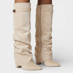 Slouchy Foldover Knee High Boots – Beige