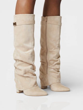 Slouchy Foldover Knee High Boots – Beige