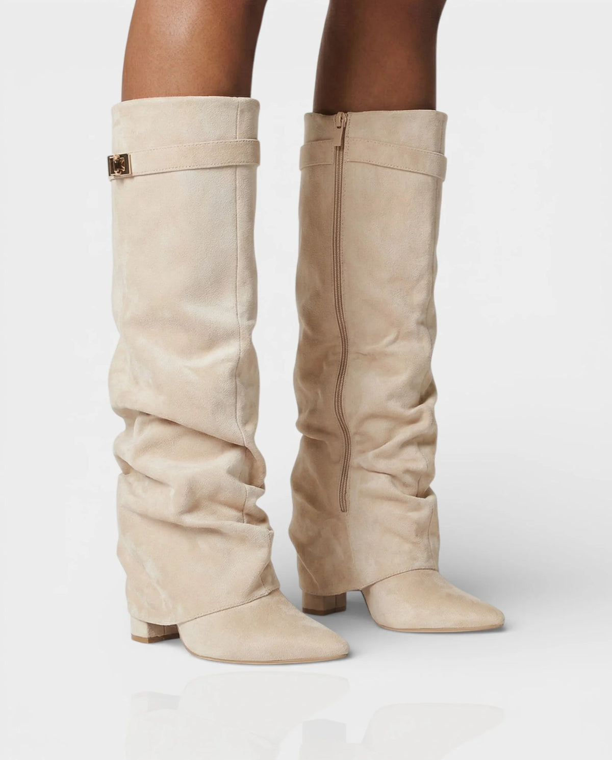 Slouchy Foldover Knee High Boots – Beige