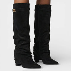 Slouchy Foldover Knee High Boots – Black