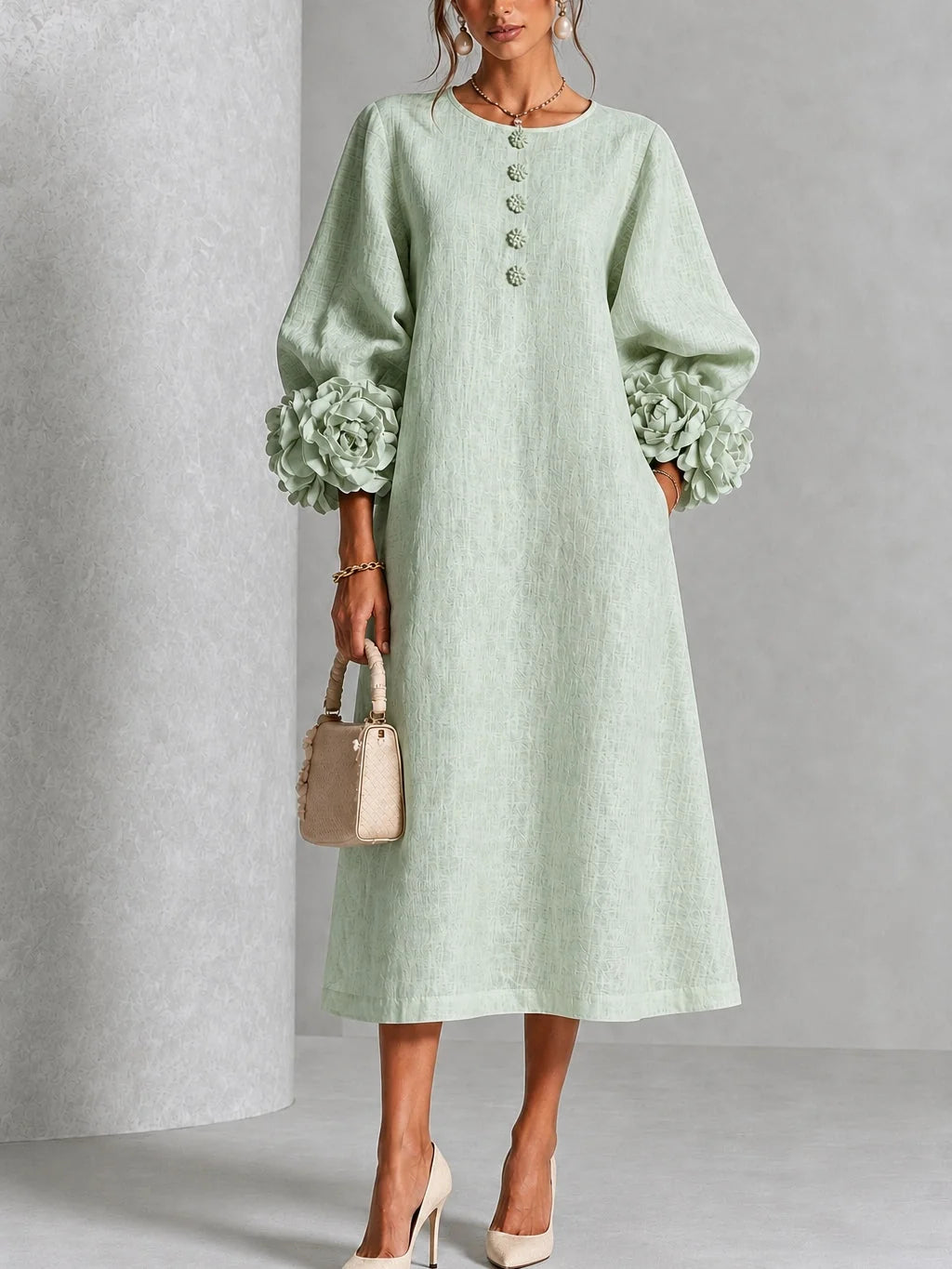 Rosette Cuff Midi Dress – Sage Mist