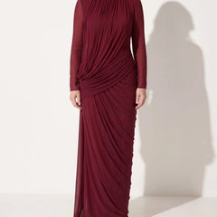 Draped High Neck Maxi Dress – Burgundy